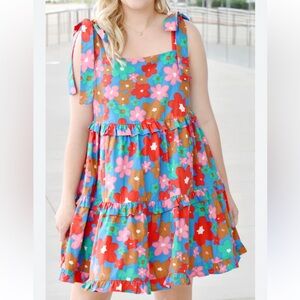 Entro Women's S Retro Floral Tie Shoulder Dress Multicolor